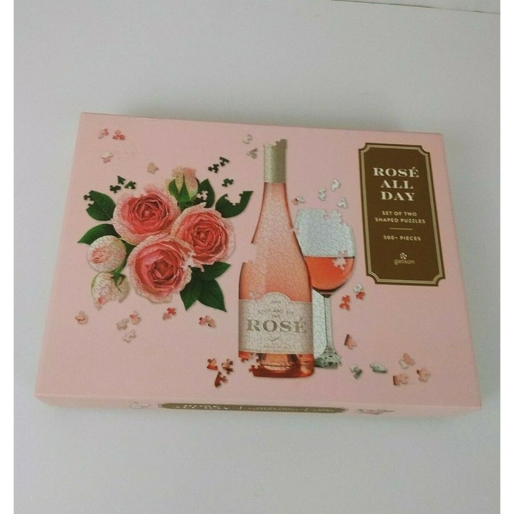 GALISON Rose All Day 2-in-1 Shaped Jigsaw Puzzle Set Roses and Wine